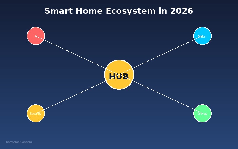 Smart Home Ecosystem Diagram 2026 showing AI, Matter Protocol, Security, and Energy management interconnected